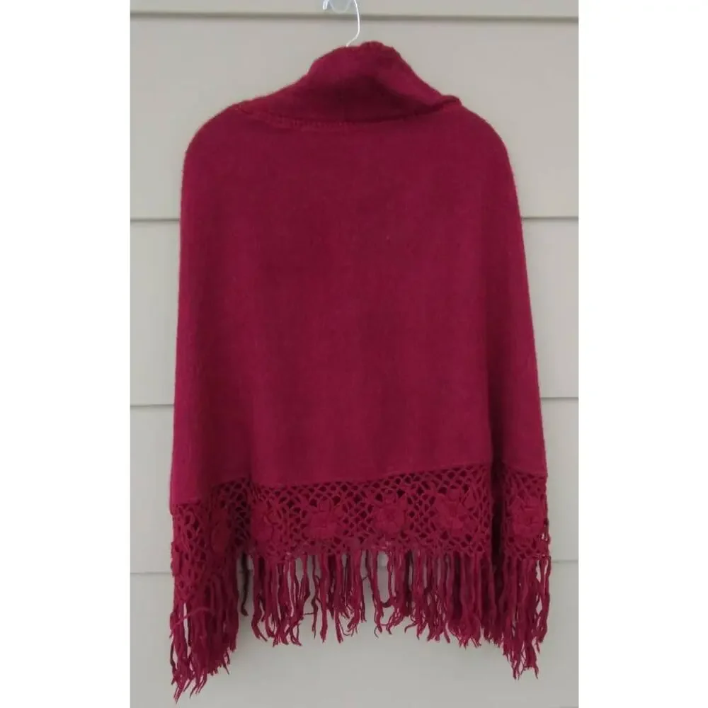 Alpaca Peru Diana Poncho Cloak Cape Crochet Fringe Brushed Rustic Burgundy O/S